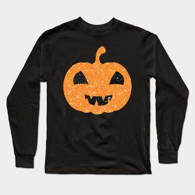 Light Orange Faux Glitter Halloween Pumpkin Face Long Sleeve T-Shirt by Felicity-K